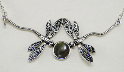 Sterling Silver Double Dragonfly Necklace With Spectrolite